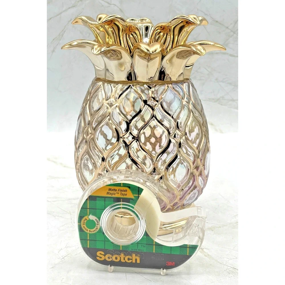 Bath & Body Works Glass Pineapple 3-Wick‎ Candle Holder Pedestal Gold Iridescent